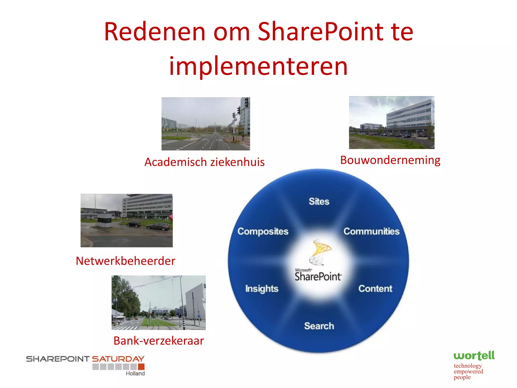 Redenen om SharePoint te
        implementeren


           Academisch ziekenhuis   Bouwonderneming




Netwerkbeheerder




      Bank-verzekeraar
 