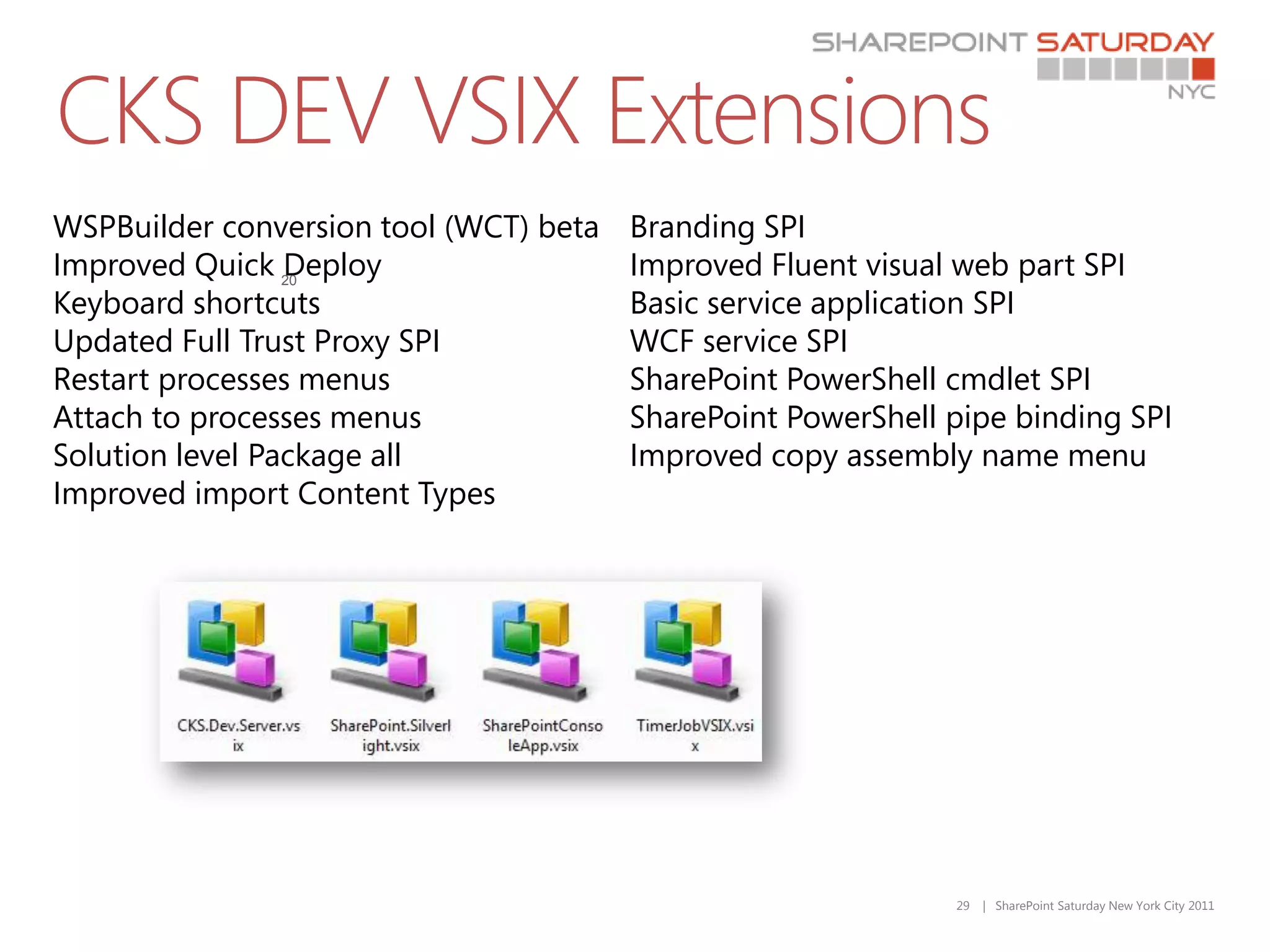 CKS DEV VSIX Extensions
WSPBuilder conversion tool (WCT) beta   Branding SPI
Improved Quick 20Deploy                 Improved Fluent visual web part SPI
Keyboard shortcuts                      Basic service application SPI
Updated Full Trust Proxy SPI            WCF service SPI
Restart processes menus                 SharePoint PowerShell cmdlet SPI
Attach to processes menus               SharePoint PowerShell pipe binding SPI
Solution level Package all              Improved copy assembly name menu
Improved import Content Types




                                                              29   | SharePoint Saturday New York City 2011
 