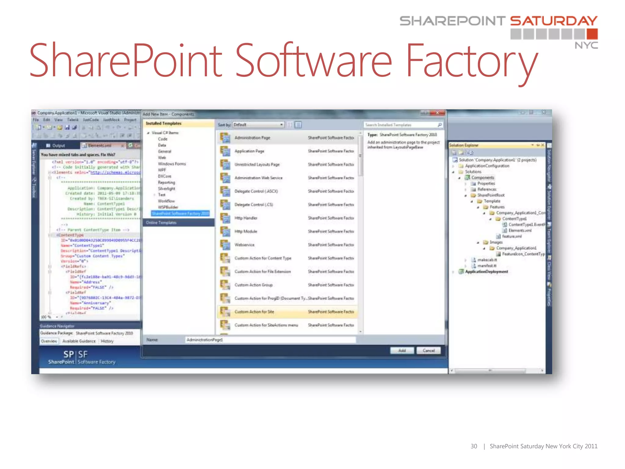 SharePoint Software Factory




                       30   | SharePoint Saturday New York City 2011
 