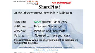 At the Observatory Student Pub in Building A
4:10 pm: New! Experts’ Panel Q&A
4:30 pm: Prizes and Giveaways
4:45 pm: Wrap-up and SharePint!
Parking: No need to move your car!*
If you don’t know where the Observatory is, ask an organizer or a
volunteer for directions.
Remember to fill out your evaluation forms to win some great prizes!
Join the conversation – tweet at #spsottawa
New and Improved!
SharePint!
 