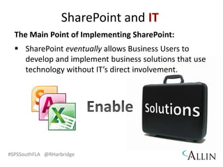#SPSSouthFLA @RHarbridge
The Main Point of Implementing SharePoint:
 SharePoint eventually allows Business Users to
develop and implement business solutions that use
technology without IT’s direct involvement.
SharePoint and IT
 