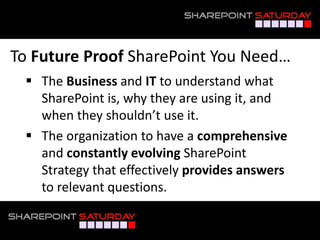 To Future Proof SharePoint You Need…
 The Business and IT to understand what
SharePoint is, why they are using it, and
when they shouldn’t use it.
 The organization to have a comprehensive
and constantly evolving SharePoint
Strategy that effectively provides answers
to relevant questions.
 