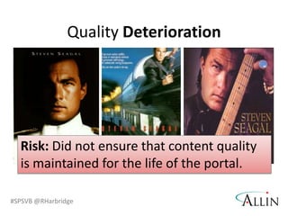 Quality DeteriorationRisk: Did not ensure that content quality is maintained for the life of the portal.