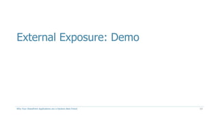External Exposure: Demo
Why Your SharePoint Applications are a Hackers Best Friend 13
 