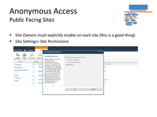 Anonymous Access
Public Facing Sites

 Site Owners must explicitly enable on each site (this is a good thing)
 Site Settings> Site Permissions
 