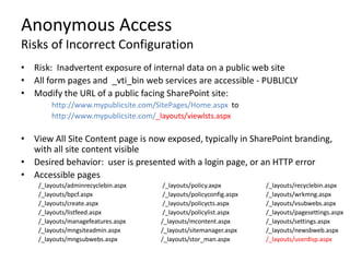 Anonymous Access
Risks of Incorrect Configuration
• Risk: Inadvertent exposure of internal data on a public web site
• All form pages and _vti_bin web services are accessible - PUBLICLY
• Modify the URL of a public facing SharePoint site:
        http://www.mypublicsite.com/SitePages/Home.aspx to
        http://www.mypublicsite.com/_layouts/viewlsts.aspx

• View All Site Content page is now exposed, typically in SharePoint branding,
  with all site content visible
• Desired behavior: user is presented with a login page, or an HTTP error
• Accessible pages
    /_layouts/adminrecyclebin.aspx    /_layouts/policy.axpx         /_layouts/recyclebin.aspx
    /_layouts/bpcf.aspx               /_layouts/policyconfig.aspx   /_layouts/wrkmng.aspx
    /_layouts/create.aspx             /_layouts/policycts.aspx      /_layouts/vsubwebs.aspx
    /_layouts/listfeed.aspx           /_layouts/policylist.aspx     /_layouts/pagesettings.aspx
    /_layouts/managefeatures.aspx    /_layouts/mcontent.aspx        /_layouts/settings.aspx
    /_layouts/mngsiteadmin.aspx      /_layouts/sitemanager.aspx     /_layouts/newsbweb.aspx
    /_layouts/mngsubwebs.aspx        /_layouts/stor_man.aspx        /_layouts/userdisp.aspx
 