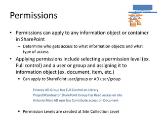 Permissions
• Permissions can apply to any information object or container
  in SharePoint
   – Determine who gets access to what information objects and what
     type of access
• Applying permissions include selecting a permission level (ex.
  Full control) and a user or group and assigning it to
  information object (ex. document, item, etc.)
    Can apply to SharePoint user/group or AD user/group

           Finance AD Group has Full Control on Library
           ProjectXContractor SharePoint Group has Read access on site
           Antonio.Maio AD user has Contribute access on Document


    Permission Levels are created at Site Collection Level
 