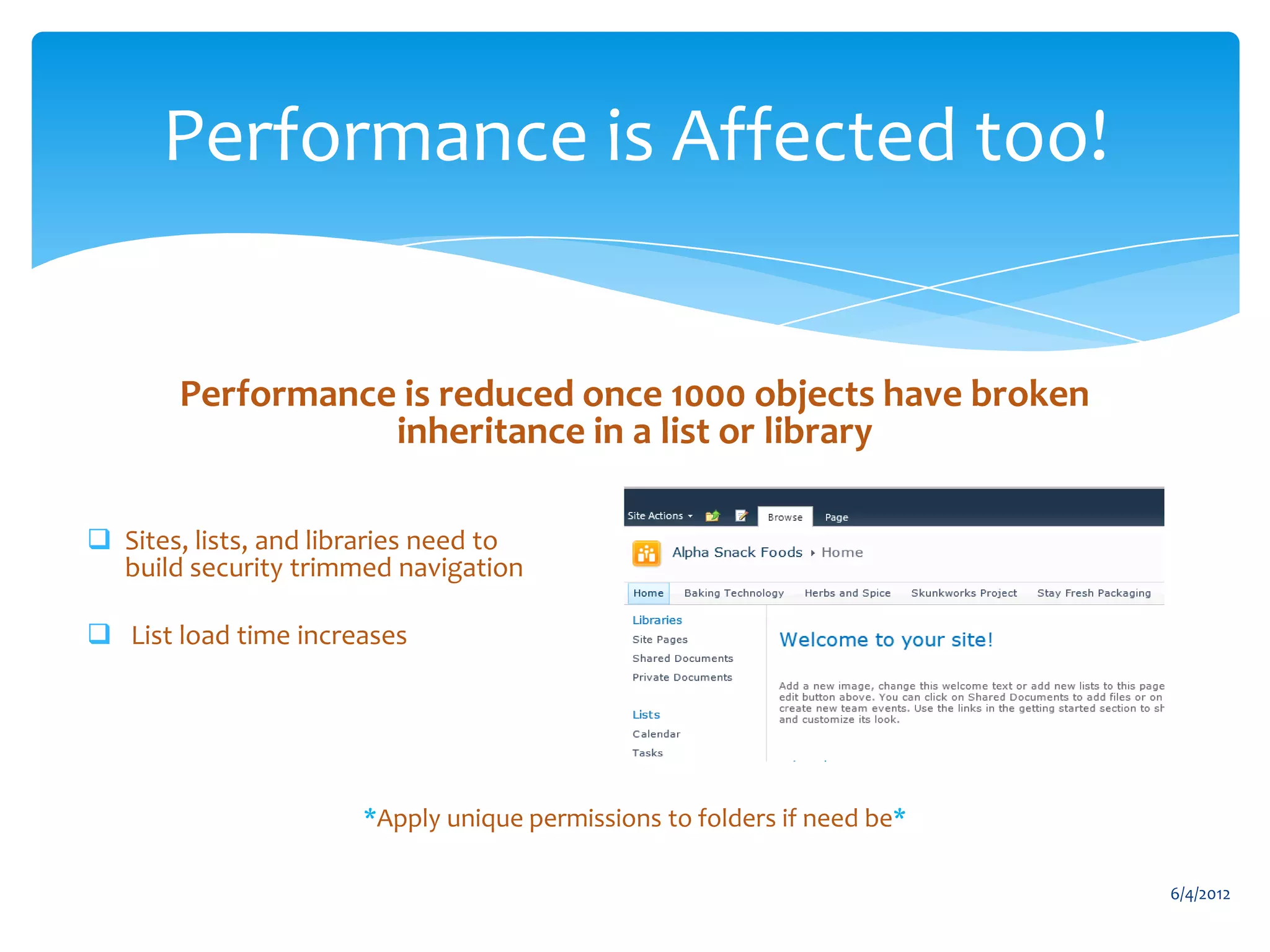 Performance is Affected too!


                Performance is reduced once 1000 objects have broken
                           inheritance in a list or library

       Sites, lists, and libraries need to
        build security trimmed navigation

       List load time increases




                               *Apply unique permissions to folders if need be*

                                                                                  6/4/2012
Email               Cell              Twitter          Blog
cbuck@axceler.com   425.246.2823      @buckleyplanet   http://buckleyplanet.com
 