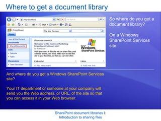 Where to get a document library SharePoint document libraries I: Introduction to sharing files So where do you get a document library?  On a Windows SharePoint Services site.  And where do you get a Windows SharePoint Services site?  Your IT department or someone at your company will send you the Web address, or URL, of the site so that you can access it in your Web browser.  