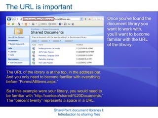 The URL is important SharePoint document libraries I: Introduction to sharing files Once you’ve found the document library you want to work with, you’ll want to become familiar with the URL of the library. The URL of the library is at the top, in the address bar. And you only need to become familiar with everything before “Forms/AllItems.aspx.”  So if this example were your library, you would need to be familiar with “http://contoso/shared/%20Documents.” The “percent twenty” represents a space in a URL.  