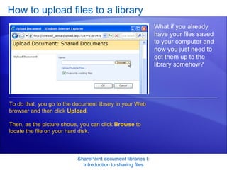 How to upload files to a library SharePoint document libraries I: Introduction to sharing files What if you already have your files saved to your computer and now you just need to get them up to the library somehow? To do that, you go to the document library in your Web browser and then click  Upload . Then, as the picture shows, you can click  Browse  to locate the file on your hard disk.  