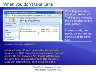 When you don’t take turns [Author: .swf gets inserted here; delete this placeholder before inserting .swf file.] SharePoint document libraries I: Introduction to sharing files What happens when you don’t take turns? The first one who edits the file will lock out the other person.  In other words, two people cannot edit the same file at the same time.  In this animation, Don and Amy will enter their sales figures in the 2009 Sales Figures spreadsheet. Don will edit the file first. But when Amy tries to edit the file at the same time, she will get a  File in Use  message. Once Don closes the file, she’ll be able to edit it. Animation: Right-click, and click  Play . 