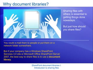Why document libraries?  SharePoint document libraries I: Introduction to sharing files Sharing files with others is essential to getting things done nowadays.  But just how should you share files?  You could e-mail them to people or put them on a network folder somewhere.  But if your company has a Windows SharePoint Services 3.0 site or Microsoft Office SharePoint Server 2007, the best way to share files is to use a  document library .  