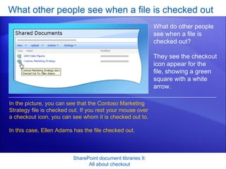 What other people see when a file is checked out SharePoint document libraries II: All about checkout What do other people see when a file is checked out?  They see the checkout icon appear for the file, showing a green square with a white arrow. In the picture, you can see that the Contoso Marketing Strategy file is checked out. If you rest your mouse over a checkout icon, you can see whom it is checked out to.  In this case, Ellen Adams has the file checked out.  