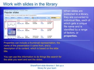 Work with slides in the library SharePoint slide libraries I: Set up a library for your team When slides are published to a library, they are converted to individual files, each of which gets a unique file name and is identified by a range of factors, or  properties. Properties can include a thumbnail representation, the name of the presentation it came from, and a description of its content, which is based on the slide title.  You can use this information to do things like search for the slide you want and sort the slides.  