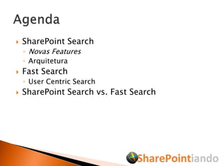 SharePoint SearchNovasFeaturesArquiteturaFast SearchUser Centric SearchSharePoint Search vs. Fast SearchAgenda