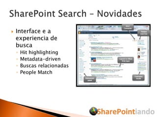 Interface e a experiencia de buscaHit highlightingMetadata-drivenBuscas relacionadasPeople MatchSharePoint Search – Novidades
