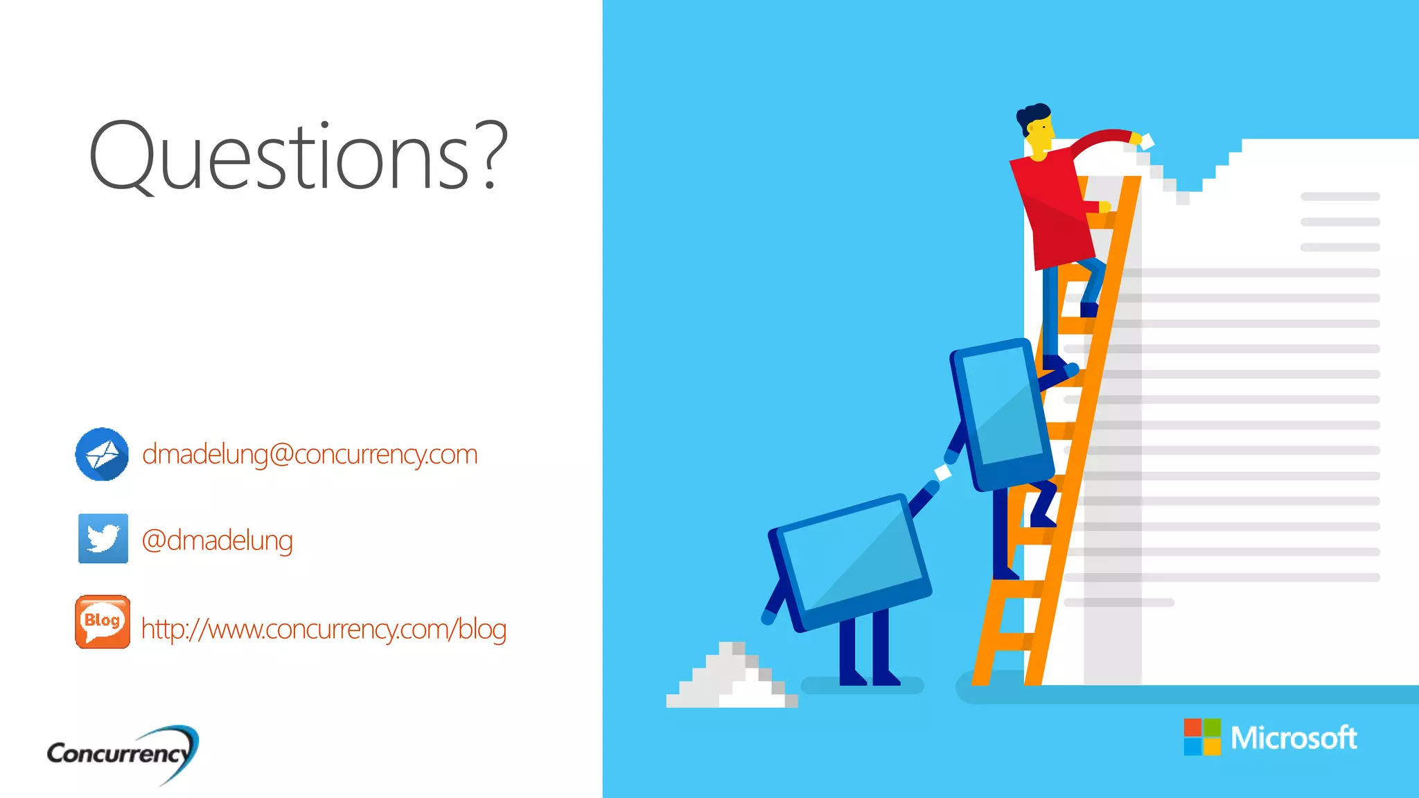 Questions?
dmadelung@concurrency.com
@dmadelung
http://www.concurrency.com/blog
 