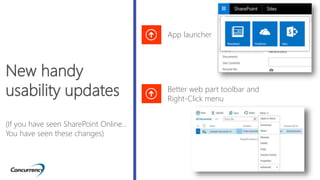 New handy
usability updates
(If you have seen SharePoint Online…
You have seen these changes)
App launcher
Better web part toolbar and
Right-Click menu
 