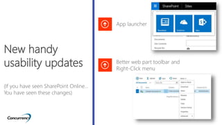 New handy
usability updates
(If you have seen SharePoint Online…
You have seen these changes)
App launcher
Better web part...