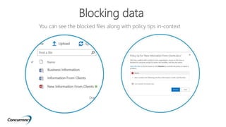 You can see the blocked files along with policy tips in-context
Blocking data
 