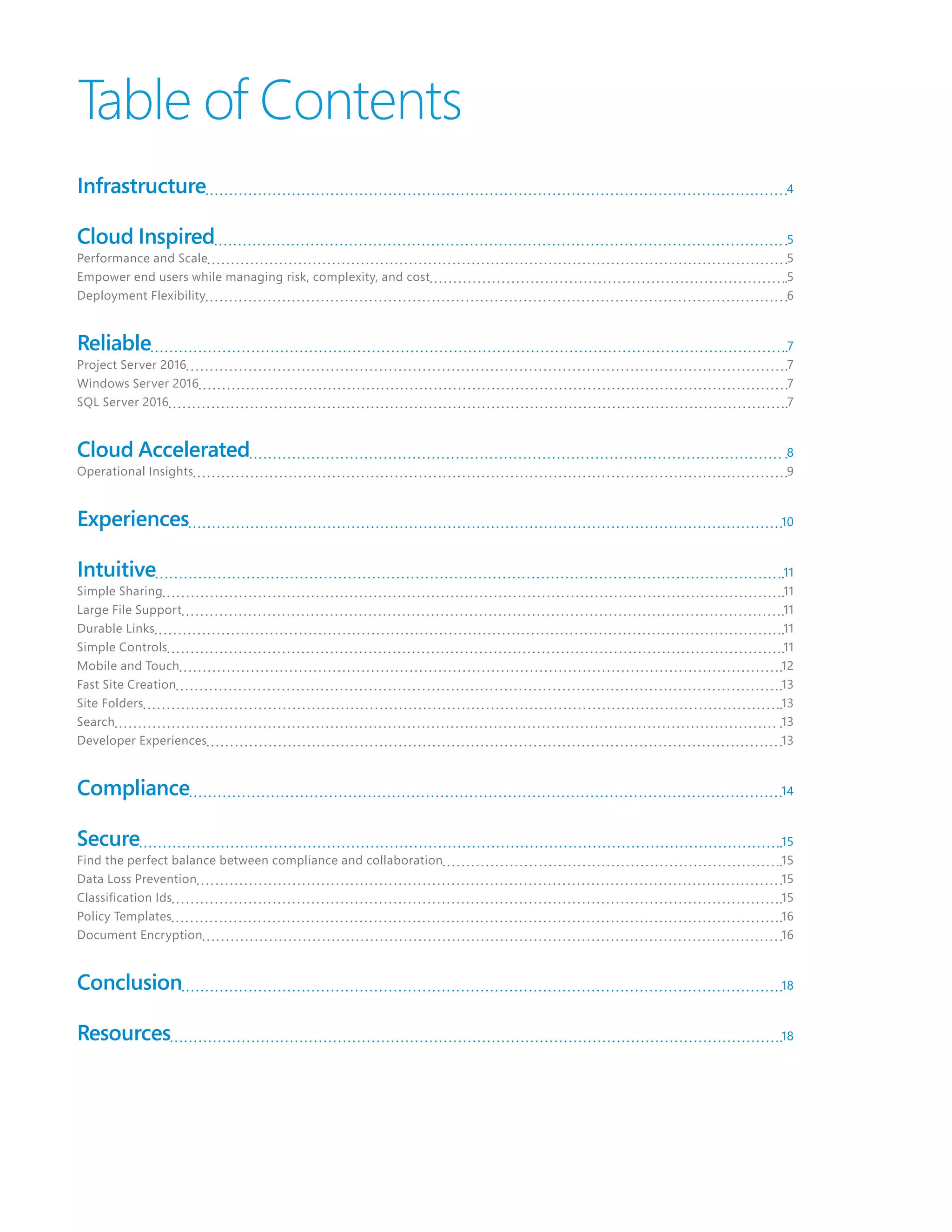 Table of Contents
Infrastructure 4
Cloud Inspired 5
Performance and Scale 5
Empower end users while managing risk, complexity, and cost 5
Deployment Flexibility 6
Reliable 7
Project Server 2016 7
Windows Server 2016 7
SQL Server 2016 7
Cloud Accelerated 8
Operational Insights 9
Experiences 10
Intuitive 11
Simple Sharing 11
Large File Support 11
Durable Links 11
Simple Controls 11
Mobile and Touch 12
Fast Site Creation 13
Site Folders 13
Search 13
Developer Experiences 13
Compliance 14
Secure 15
Find the perfect balance between compliance and collaboration 15
Data Loss Prevention 15
Classification Ids 15
Policy Templates 16
Document Encryption 16
Conclusion 18
Resources 18
 