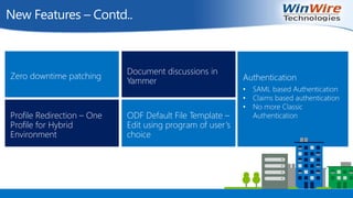 New Features – Contd..
Zero downtime patching
Profile Redirection – One
Profile for Hybrid
Environment
Document discussions in
Yammer
ODF Default File Template –
Edit using program of user’s
choice
Authentication
• SAML based Authentication
• Claims based authentication
• No more Classic
Authentication
 