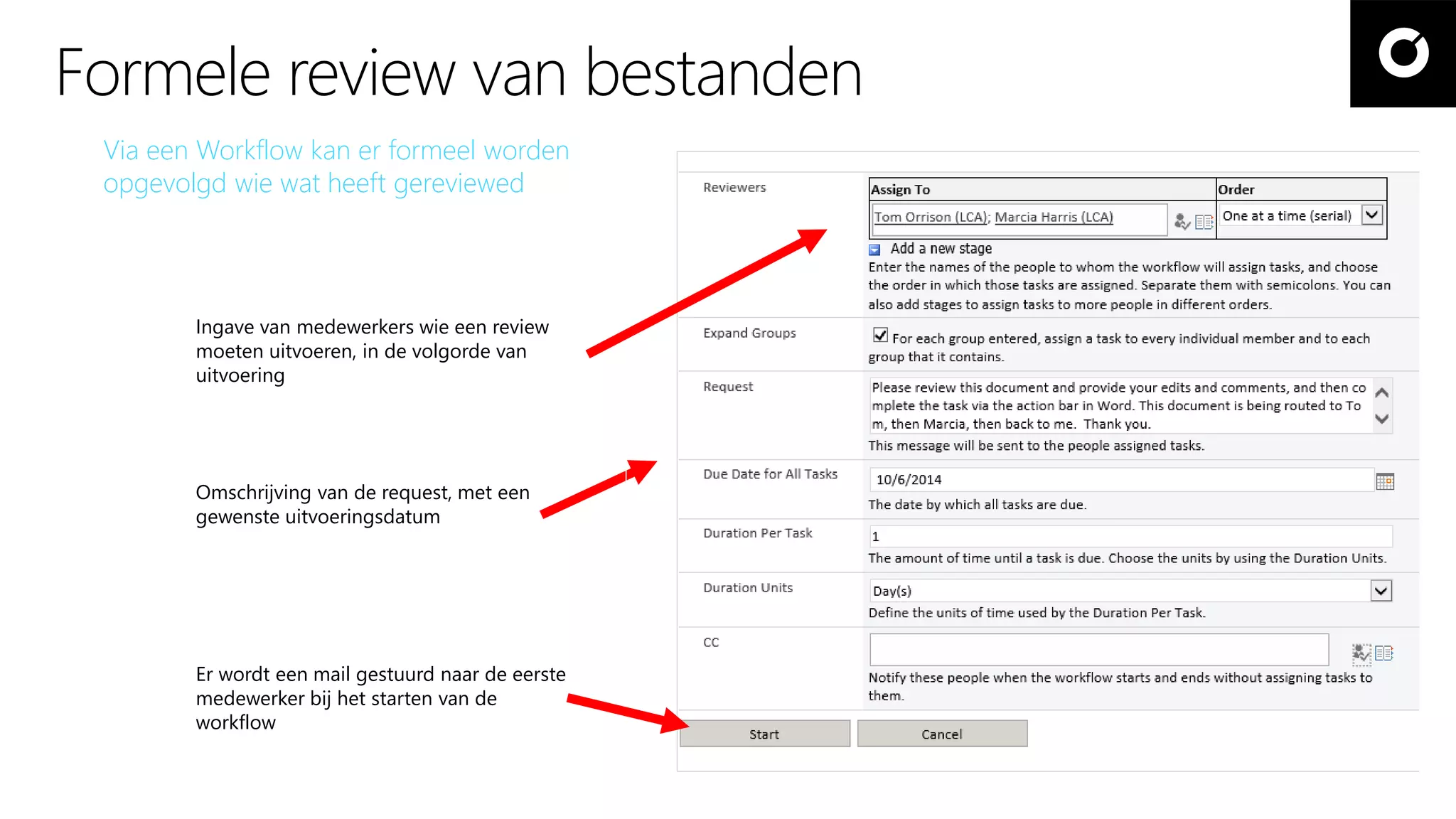 Via een Workflow kan er formeel worden
opgevolgd wie wat heeft gereviewed
Ingave van medewerkers wie een review
moeten uitvoeren, in de volgorde van
uitvoering
Omschrijving van de request, met een
gewenste uitvoeringsdatum
Er wordt een mail gestuurd naar de eerste
medewerker bij het starten van de
workflow
Formele review van bestanden
 