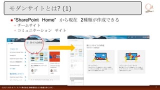  “SharePoint Home” から現在 2種類が作成できる
◦ チームサイト
◦ コミュニケーション サイト
©2017-2018 オフィスアイ株式会社 [無断複製および転載を禁じます] 3
モダンサイトとは? (1)
 