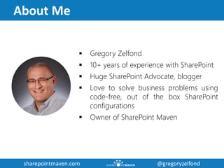 sharepointmaven.com @gregoryzelfondsharepointmaven.com @gregoryzelfond
About Me
 Gregory Zelfond
 10+ years of experience with SharePoint
 Huge SharePoint Advocate, blogger
 Love to solve business problems using
code-free, out of the box SharePoint
configurations
 Owner of SharePoint Maven
 