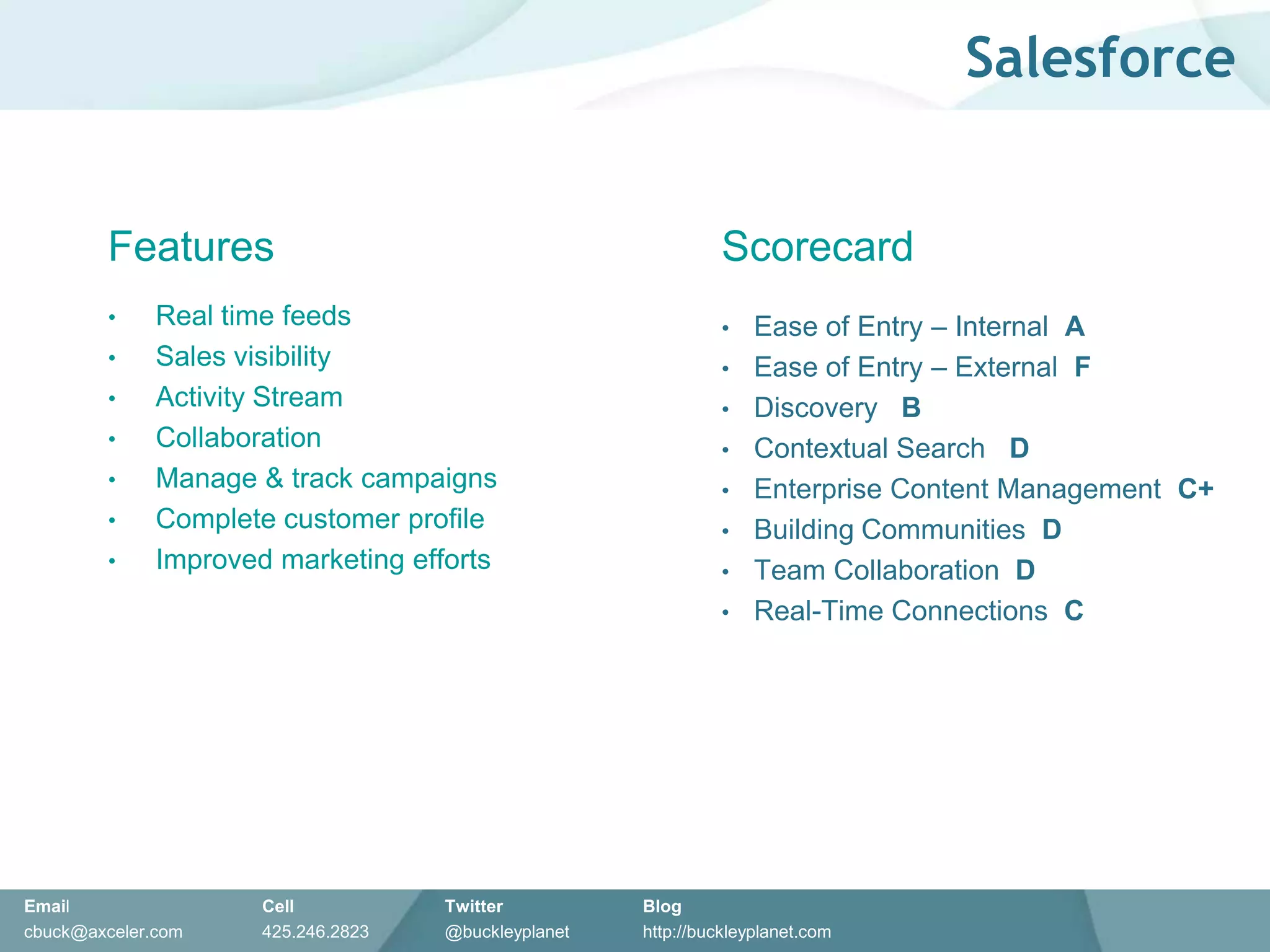 Community management toolsOpen identityMicrobloggingSocial CRMEnterprise applications gaining a social layerActivity streamsSocial search, analytics, and filteringEnterprise social media workflowAutomated compliance monitoringNext-generation unified communicationsDion Hinchcliffe, ZDNet, “Ten emerging enterprise 2.0 technologies to watch” http://blogs.zdnet.com/Hinchcliffe/?p=1224Emerging Enterprise Technologies