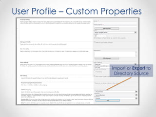 User Profile – Custom Properties




                        Import or Export to
                         Directory Source
 