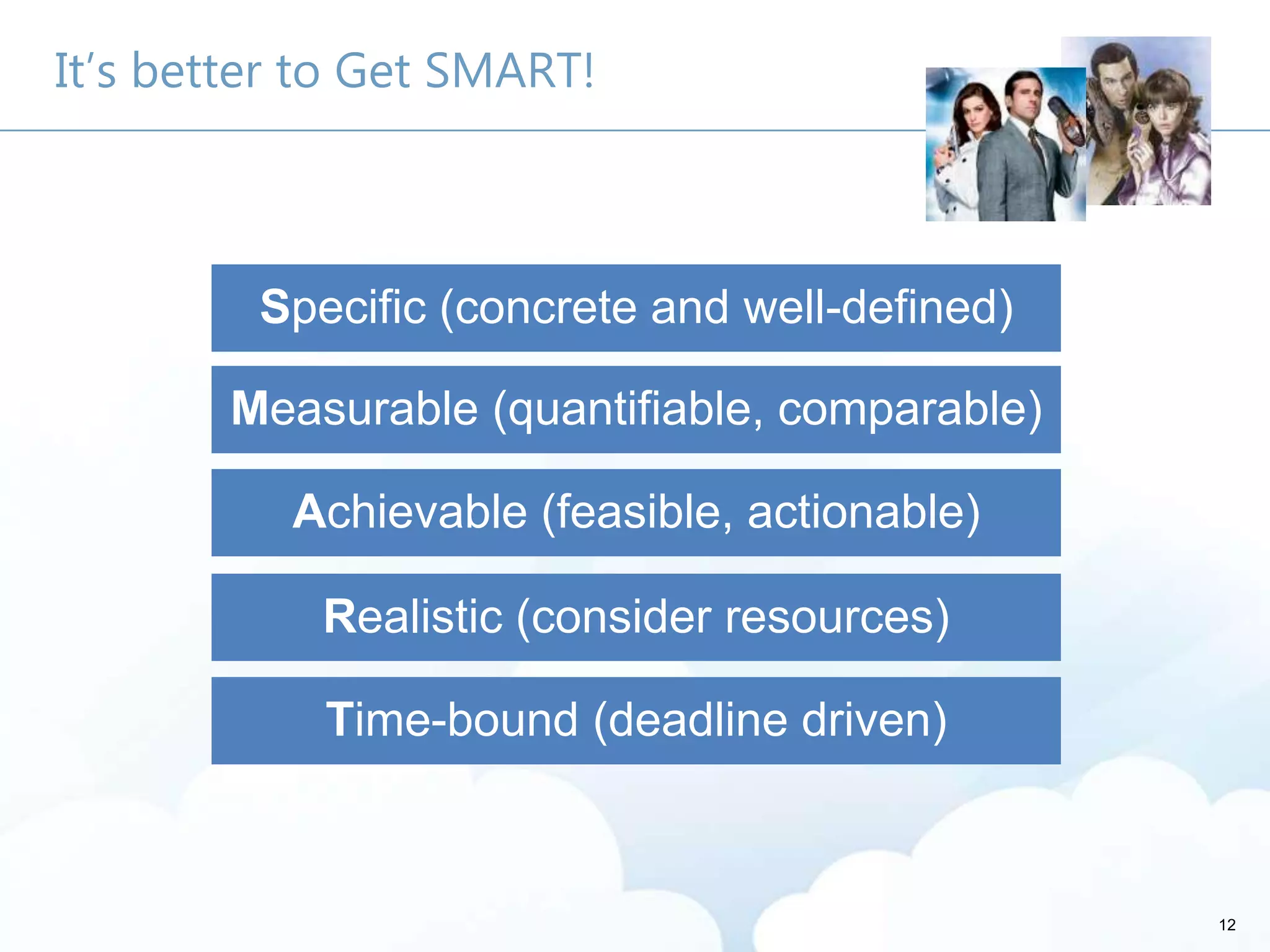 12
It’s better to Get SMART!
Measurable (quantifiable, comparable)
Achievable (feasible, actionable)
Realistic (consider resources)
Time-bound (deadline driven)
Specific (concrete and well-defined)
 