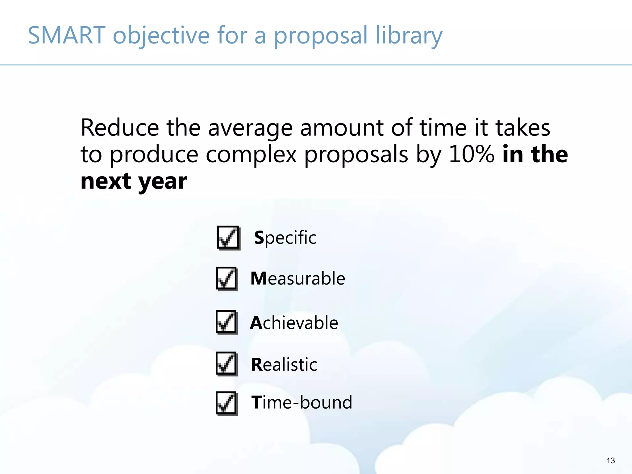 13
SMART objective for a proposal library
Reduce the average amount of time it takes
to produce complex proposals by 10% in the
next year
Specific
Measurable
Time-bound
Achievable
Realistic
Reduce the average amount of time it takes
to produce complex proposals by 10% in
the next year
Reduce the average amount of time it takes
to produce complex proposals by 10% in the
next year
 