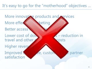 It’s easy to go for the “motherhood” objectives …
More innovative products and services
More effective marketing
Better ac...