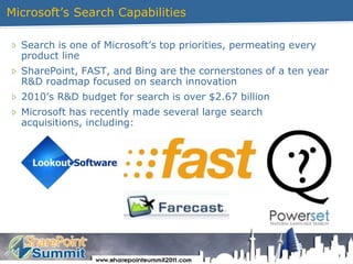 7Microsoft’sSearchCapabilitiesSearch is one of Microsoft’s top priorities, permeating every product lineSharePoint, FAST, and Bing are the cornerstones of a ten year R&D roadmap focused on search innovation2010’s R&D budget for search is over $2.67 billionMicrosoft has recently made several large search acquisitions, including: