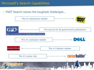 8Microsoft’sSearchCapabilitiesFAST Search solves the toughest challenges…The #1 electronics retailer The source for all government publicationsThe #1 computer retailer The #1 fashion retailerThe #1 career site 
