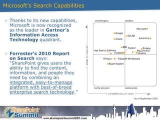 9Microsoft’sSearchCapabilitiesThanks to its new capabilities,Microsoft is now recognizedas the leader in Gartner’sInformation AccessTechnology quadrant.Forrester’s 2010 Reporton Search says:“SharePoint gives users theability to find the content,information, and people theyneed by combining anintegrated, easy-to-manageplatform with best-of-breedenterprise search technology.”