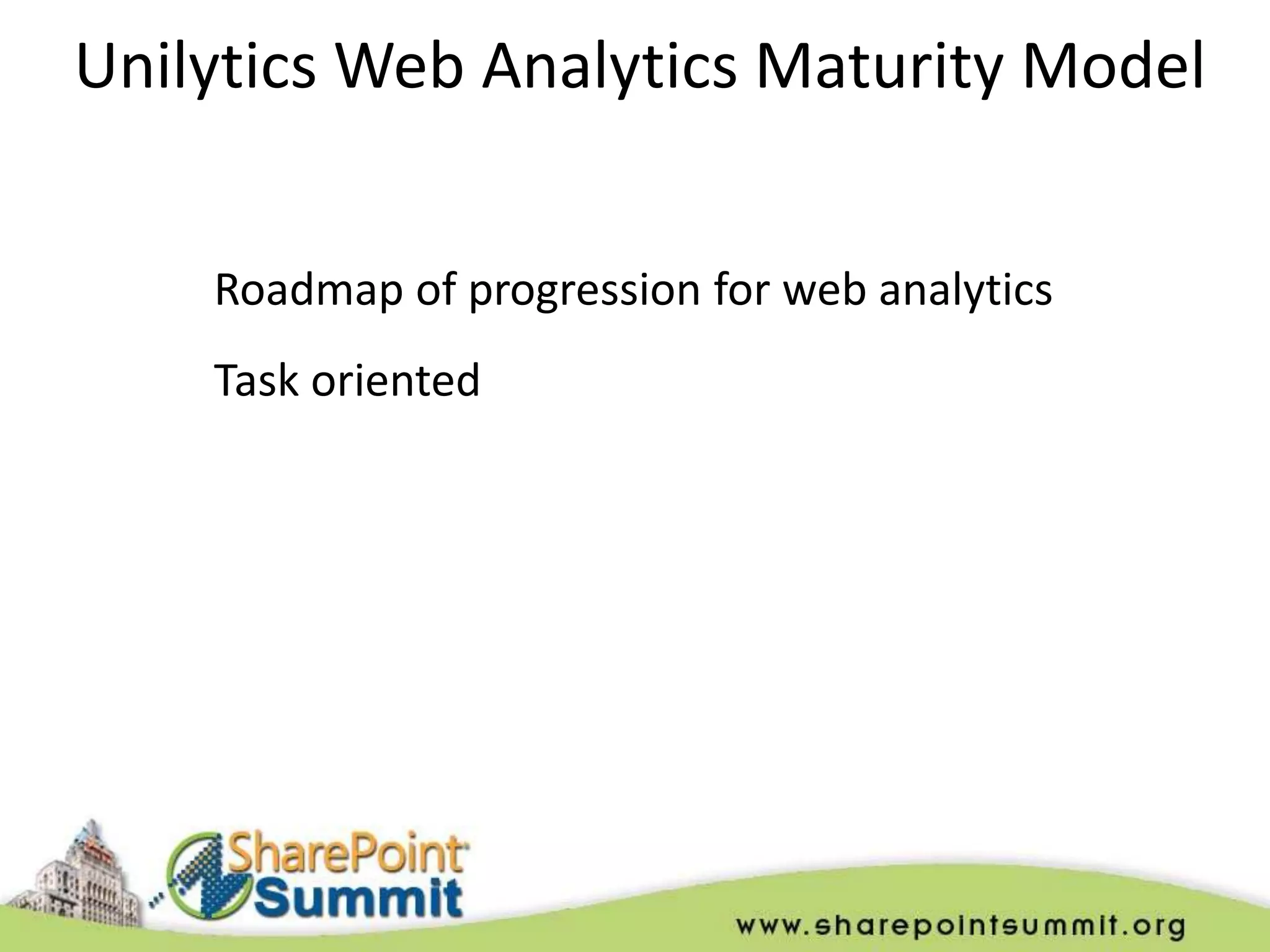 Unilytics Web Analytics Maturity Model


    Roadmap of progression for web analytics
    Task oriented
 