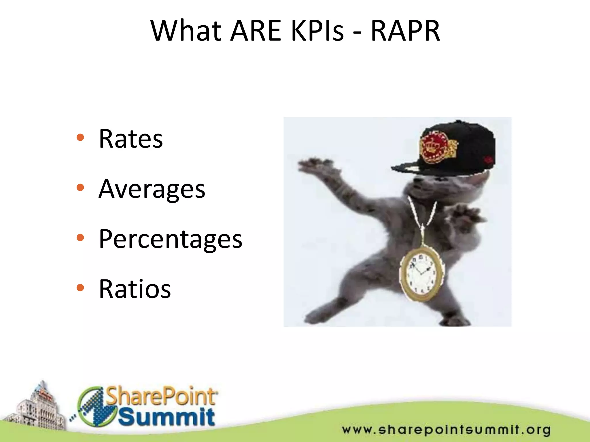 What ARE KPIs - RAPR


• Rates
• Averages
• Percentages
• Ratios
 