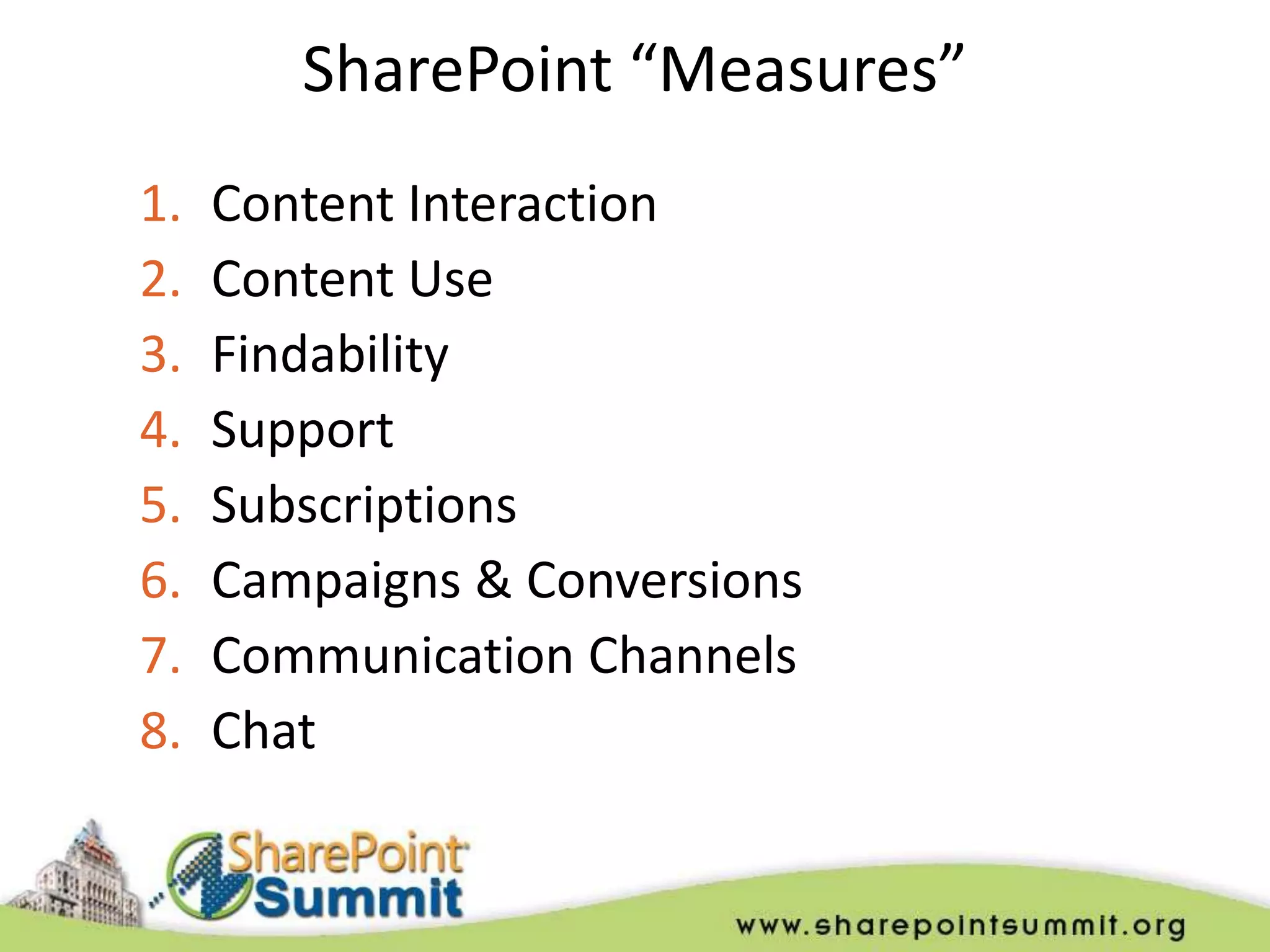 SharePoint “Measures”
1.   Content Interaction
2.   Content Use
3.   Findability
4.   Support
5.   Subscriptions
6.   Campaigns & Conversions
7.   Communication Channels
8.   Chat
 