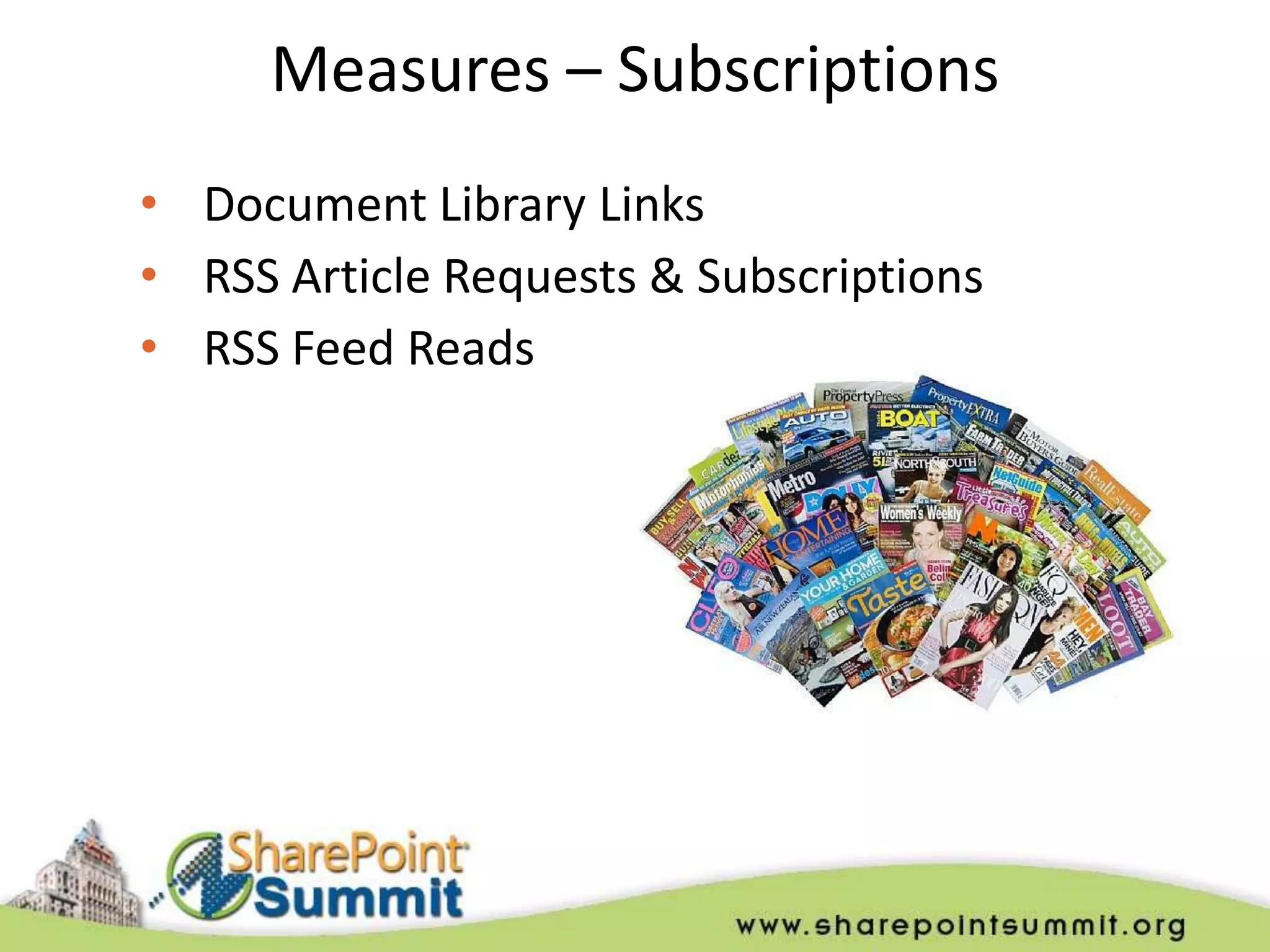 Measures – Subscriptions
• Document Library Links
• RSS Article Requests & Subscriptions
• RSS Feed Reads
 
