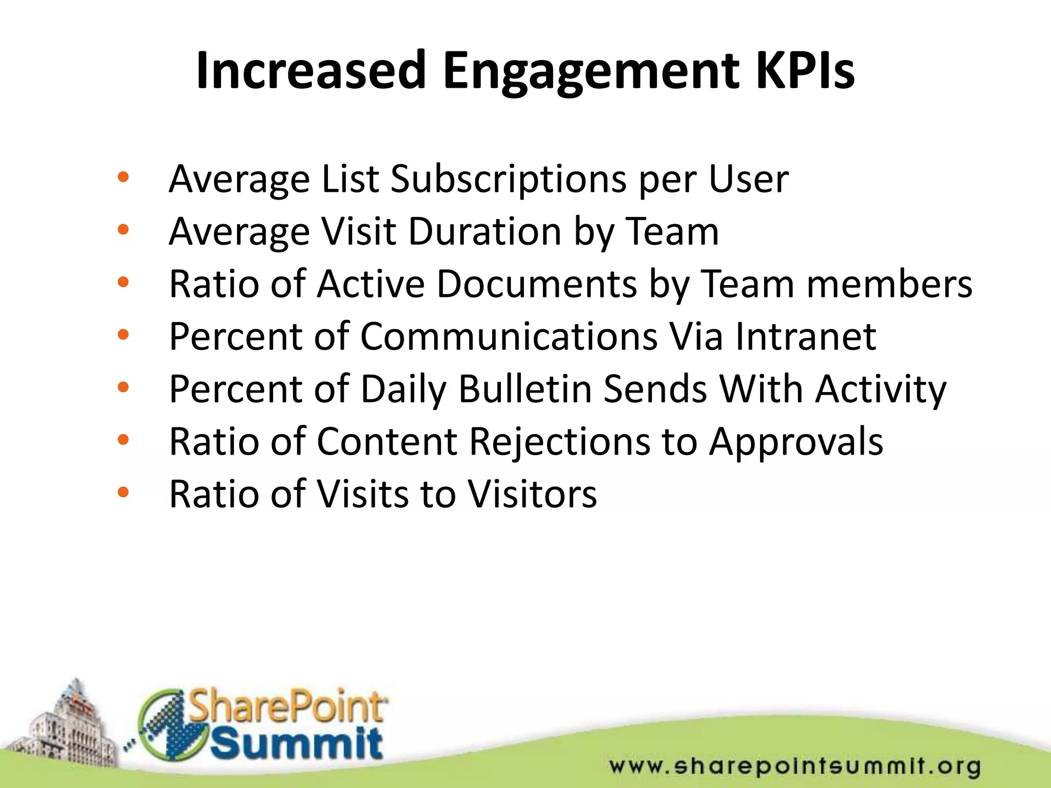 Increased Engagement KPIs
•   Average List Subscriptions per User
•   Average Visit Duration by Team
•   Ratio of Active Documents by Team members
•   Percent of Communications Via Intranet
•   Percent of Daily Bulletin Sends With Activity
•   Ratio of Content Rejections to Approvals
•   Ratio of Visits to Visitors
 