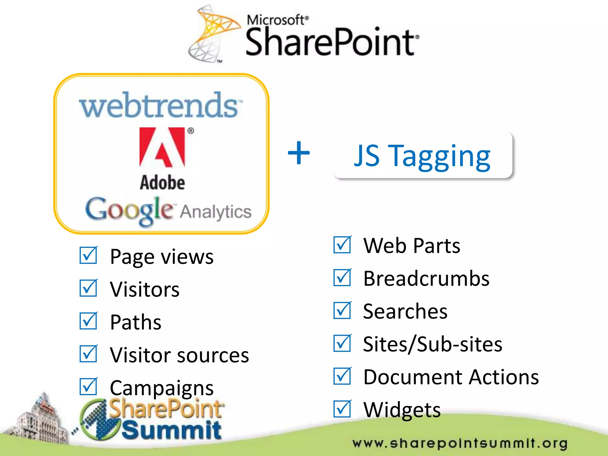 +       JS Tagging

   Page views            
                             Web Parts
   Visitors              
                             Breadcrumbs
   Paths                 
                             Searches
   Visitor sources       
                             Sites/Sub-sites
   Campaigns             
                             Document Actions
                          
                             Widgets
 
