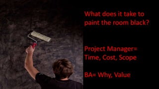 What does it take to
paint the room black?
Project Manager=
Time, Cost, Scope
BA= Why, Value
 