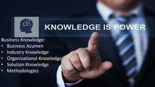 Business Knowledge:
• Business Acumen
• Industry Knowledge
• Organizational Knowledge
• Solution Knowledge
• Methodologies
 
