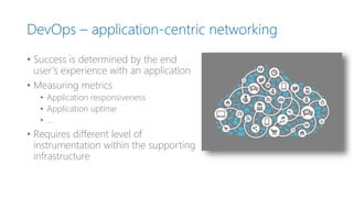DevOps – application-centric networking
• Success is determined by the end
user’s experience with an application
• Measuring metrics
• Application responsiveness
• Application uptime
• …
• Requires different level of
instrumentation within the supporting
infrastructure
 