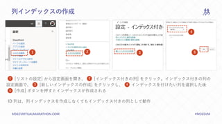 M365VIRTUALMARATHON.COM #M365VM
列インデックスの作成
[リストの設定] から設定画面を開き、 [インデックス付きの列] をクリック。インデックス付きの列の
設定画面で、 [新しいインデックスの作成] をクリックし、 インデックスを付けたい列を選択した後
[作成] ボタンを押すとインデックスが作成される
1 2 3
4
5
1 2
3 4
5
ID 列は、列インデックスを作成しなくてもインデックス付きの列として動作
 