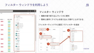 M365VIRTUALMARATHON.COM #M365VM
フィルター ウィンドウを利用しよう
フィルター ウィンドウ
• 複数の値で絞り込んでいくのに便利
• 簡単に素早くアイテムを絞り込んで探すことができる
1
2
3
4
[フィルターウィンドウに固定] でフィルターを追加
 