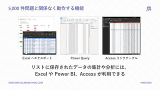 M365VIRTUALMARATHON.COM #M365VM
5,000 件問題と関係なく動作する機能
Excel へエクスポート Power Query Access リンクテーブル
リストに保存されたデータの集計や分析には、
Excel や Power BI、Access が利用できる
 